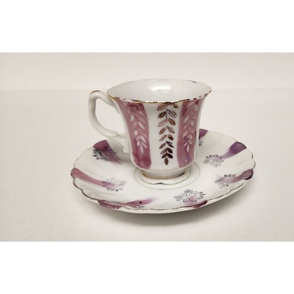 Vintage Early 19th Century White, Purple Gold Trim Teacups and Saucers - Picture 2 of 4